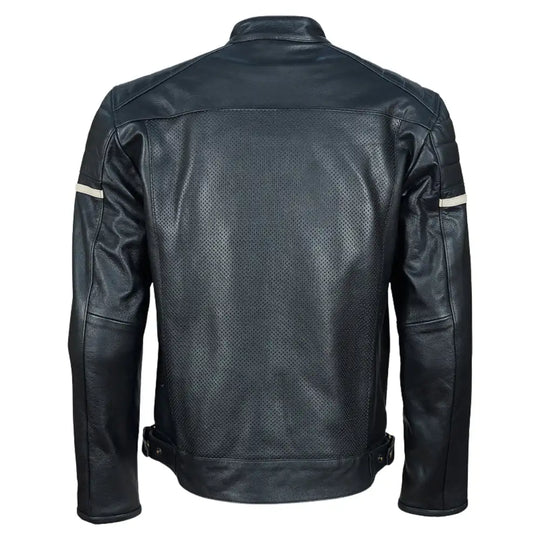 Back view of the black cafe racer jacket showing a clean, sleek leather panel design with subtle internal armor shaping at the shoulders.