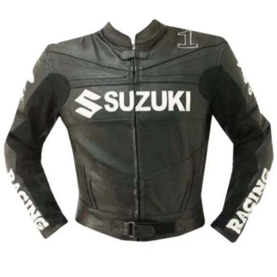 Front view of the black Suzuki armored jacket, featuring the iconic red "S" logo on the chest and a heavy-duty leather construction with a center-zip closure.