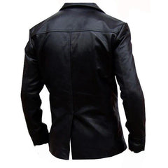 Rear view of Black leather blazer on a white background