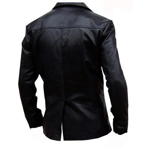 Rear view of Black leather blazer on a white background