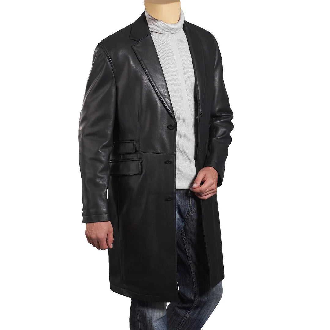 mens leather dress coat Men's Long Black Real Cowhide Leather Trench Coat