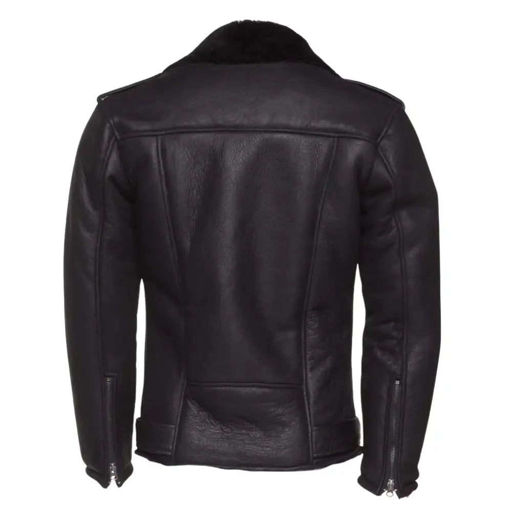 Rear design of black on black shearling leather biker jacket with belt.