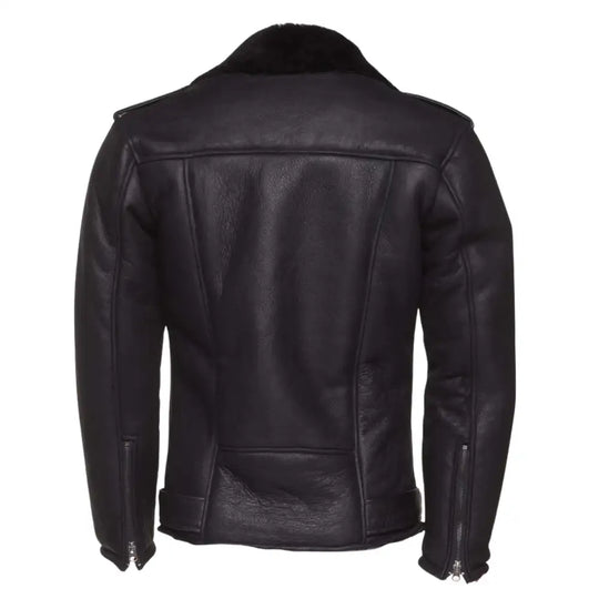 Rear design of black on black shearling leather biker jacket with belt.