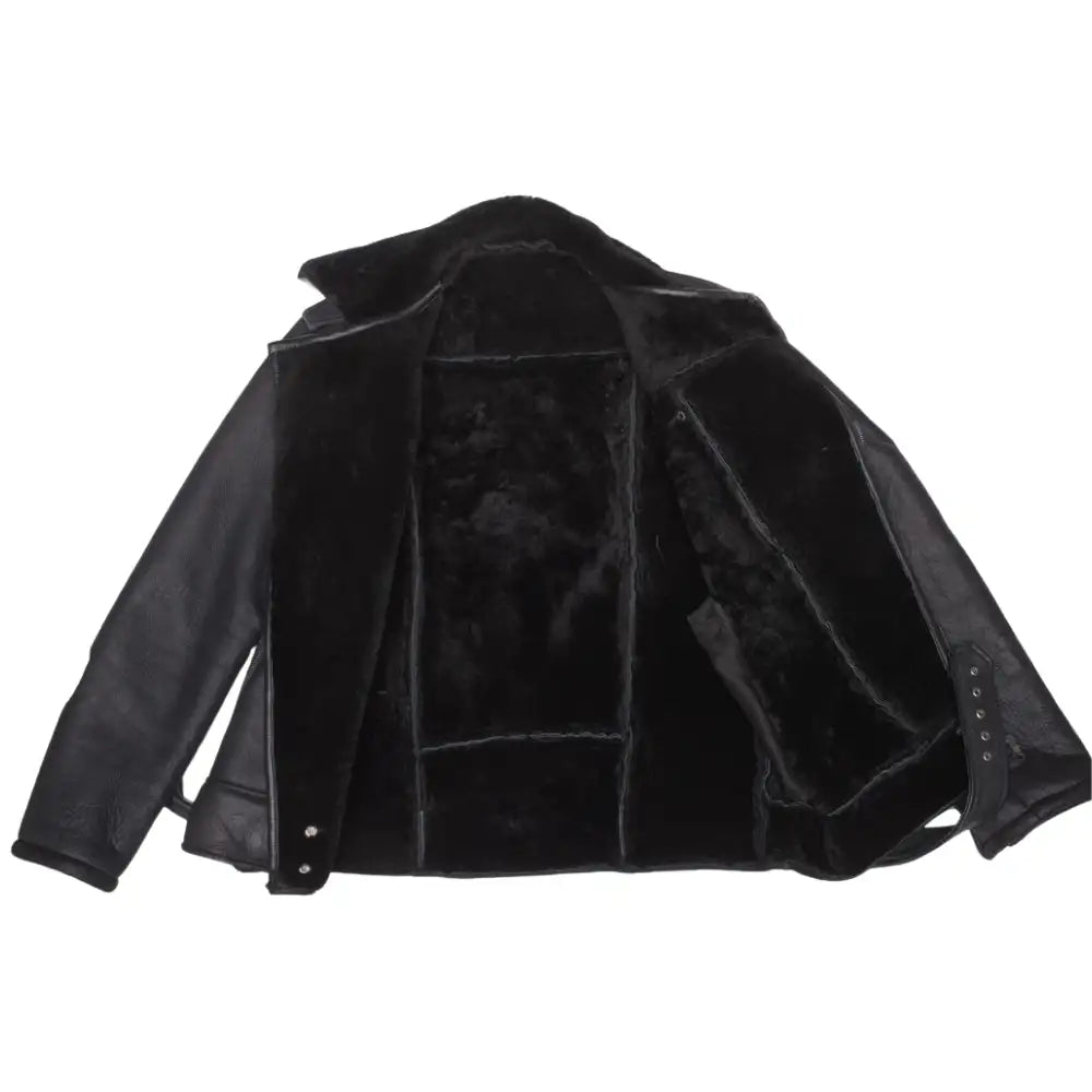 Interior lining of black on black belted shearling leather biker jacket