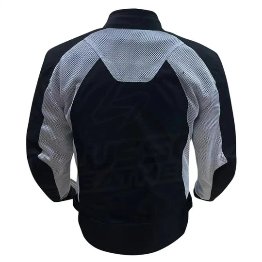 Back view showing the black leather torso with white shoulder accents, featuring an aerodynamic cut and reinforced stitching for rider safety.