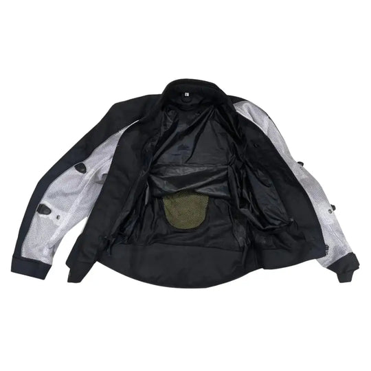 Interior view of the jacket showing the removable CE-approved armor protectors at the shoulders and elbows, integrated into a comfort mesh lining.