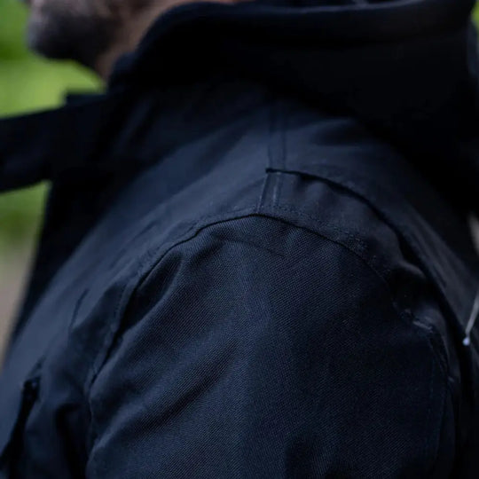 Black Armored Air Ventilation Waterproof Leather Motorcycle Jacket shoulder armor detail closeup