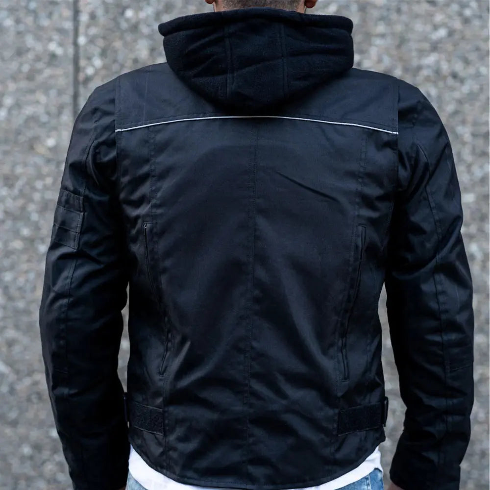Model wearing Black Armored Air Ventilation Waterproof Leather Motorcycle Jacket back view leather jacket
