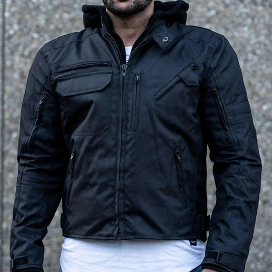 Black Armored Air Ventilation Waterproof Leather Motorcycle Jacket side profile armored leather jacket