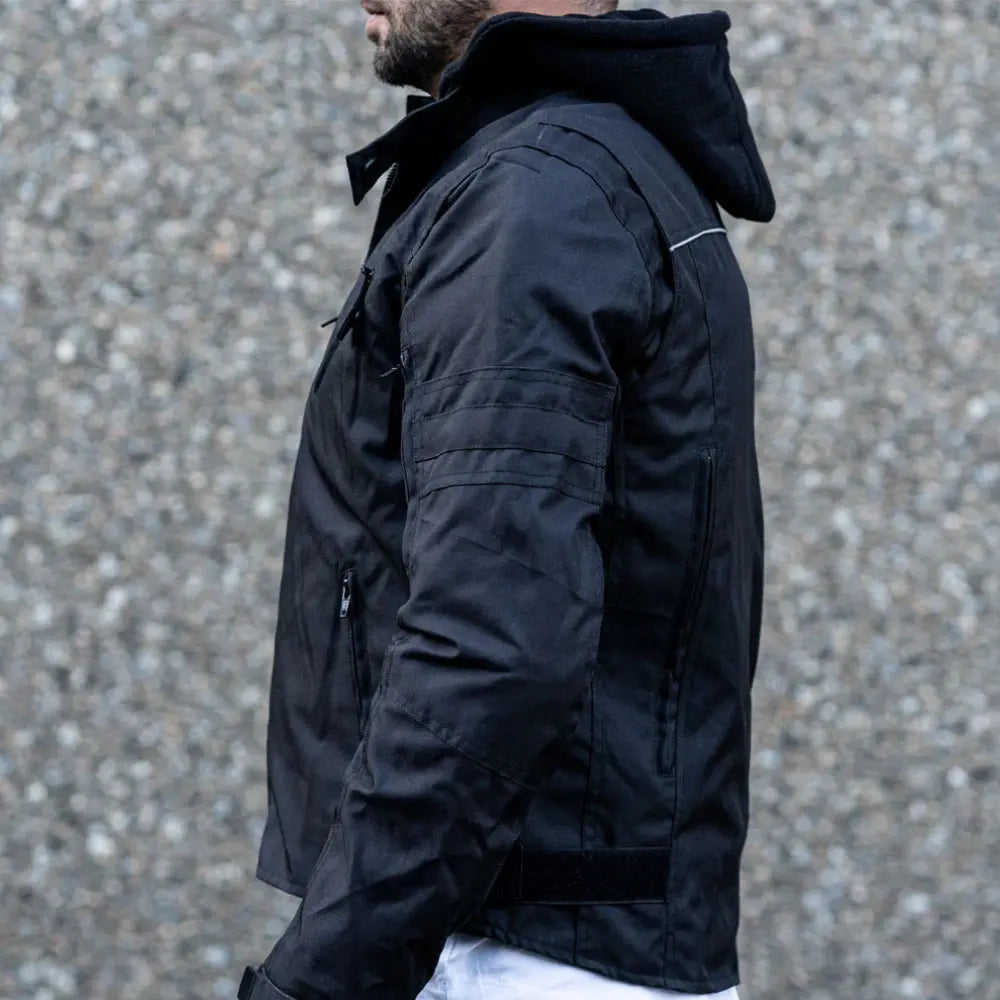 Black Armored Air Ventilation Waterproof Leather Motorcycle Jacket side view ventilated biker jacket
