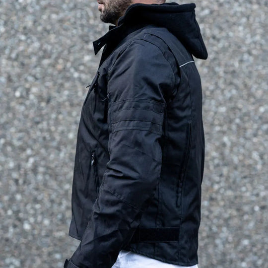 Black Armored Air Ventilation Waterproof Leather Motorcycle Jacket side view ventilated biker jacket