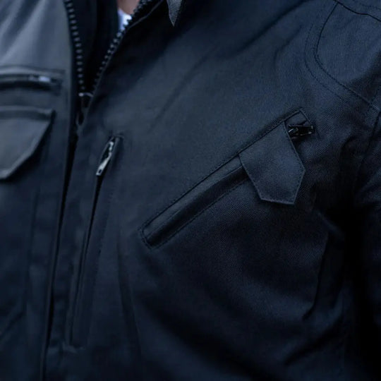 Black Armored Air Ventilation Waterproof Leather Motorcycle Jacket water resistant leather surface close up