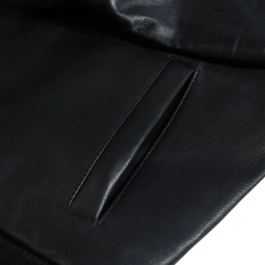 Black Bomber Style Ribbed Jacket front detail showing leather texture and ribbed trim