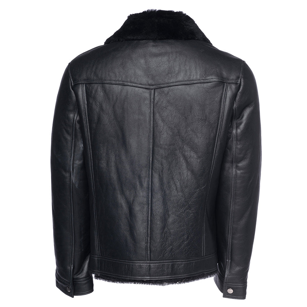 Black Denim Jacket Style Shearling Jacket back view black shearling jacket