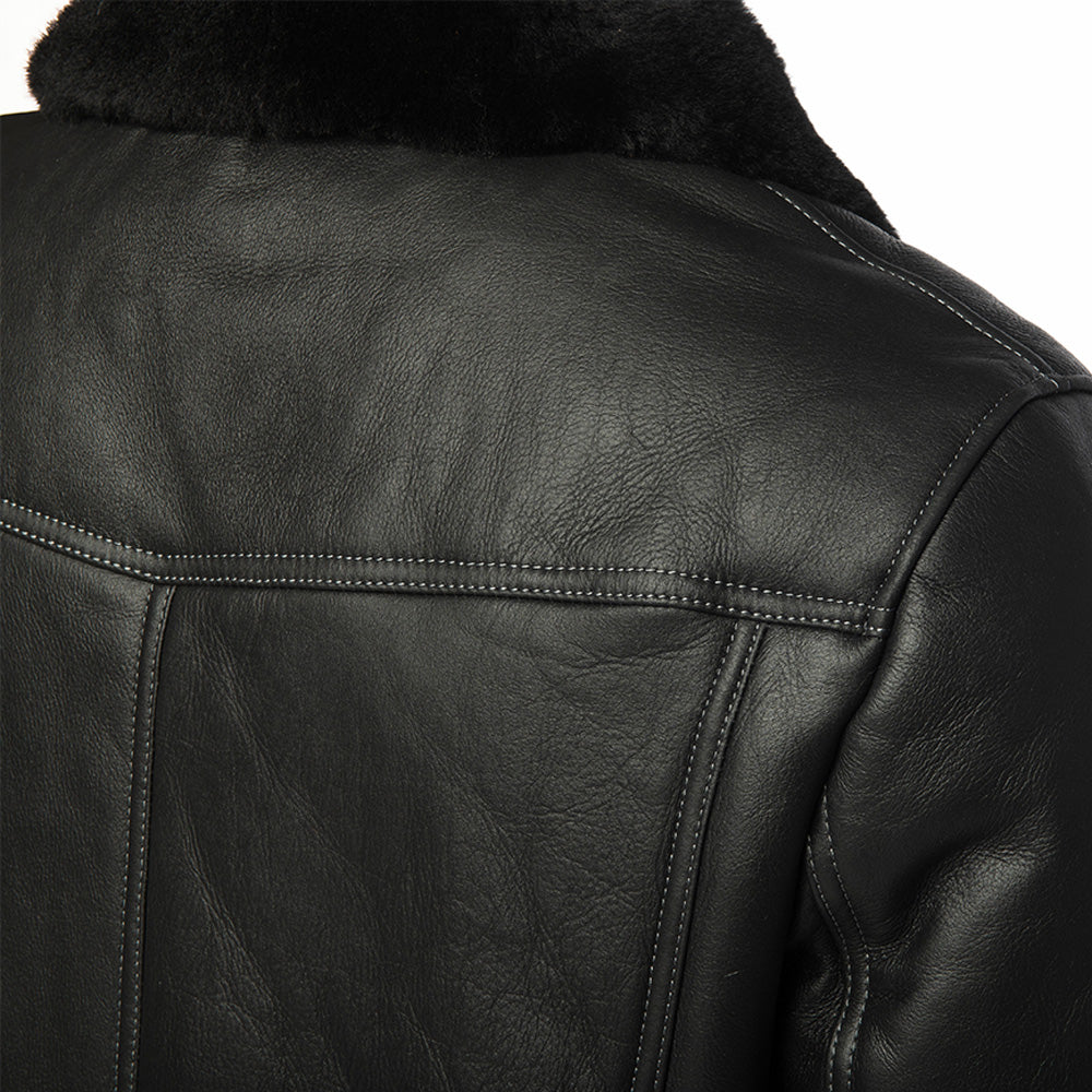 Black Denim Jacket Style Shearling Jacket back profile winter leather jacket