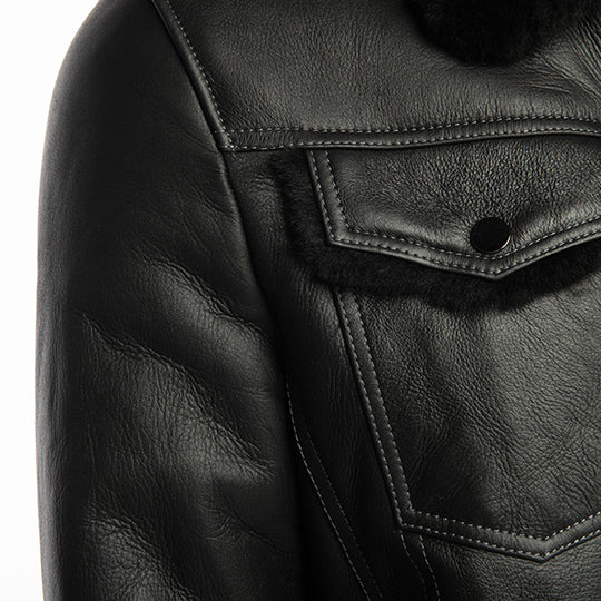 Black Denim Jacket Style Shearling Jacket button closure detail