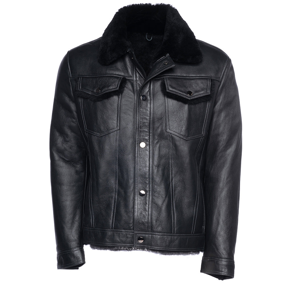 Black Denim Jacket Style Shearling Jacket front view black shearling jacket with denim style design