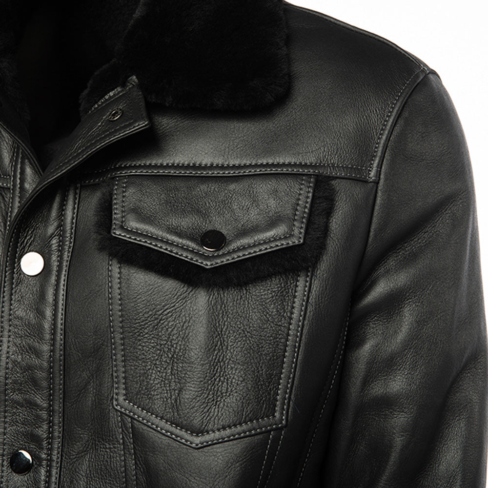 Black Denim Jacket Style Shearling Jacket close up black leather texture