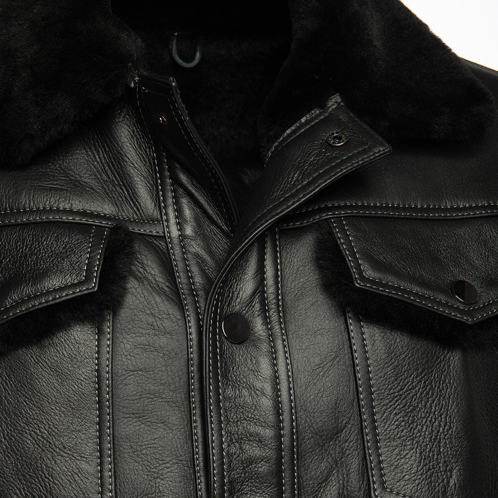 Black Denim Jacket Style Shearling Jacket close up denim style seams