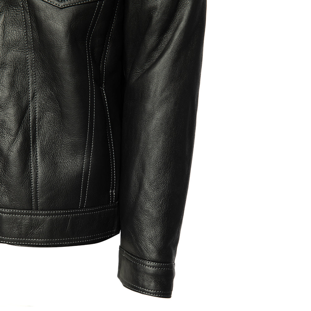 Black Denim Jacket Style Shearling Jacket sleeve detail black leather cuff
