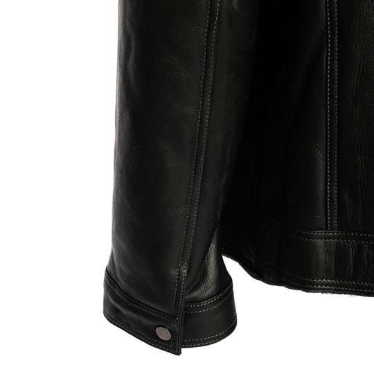 Black Denim Jacket Style Shearling Jacket close up sleeve texture detail