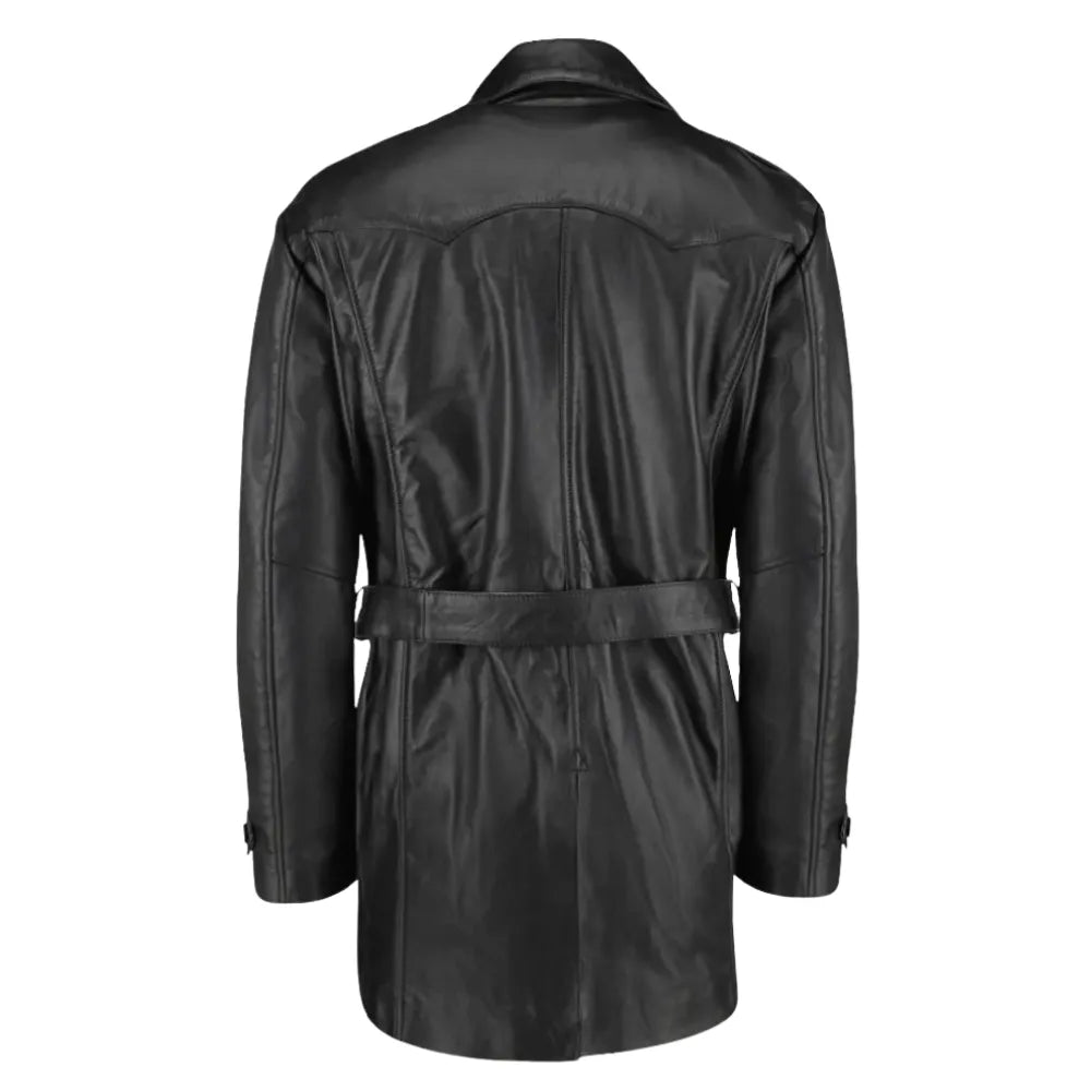 Black Leather Belted and Double Breasted Trench Coat back view black leather trench coat with belt