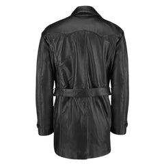 Black Leather Belted and Double Breasted Trench Coat back view black leather trench coat with belt