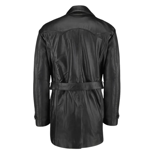 Black Leather Belted and Double Breasted Trench Coat back view black leather trench coat with belt