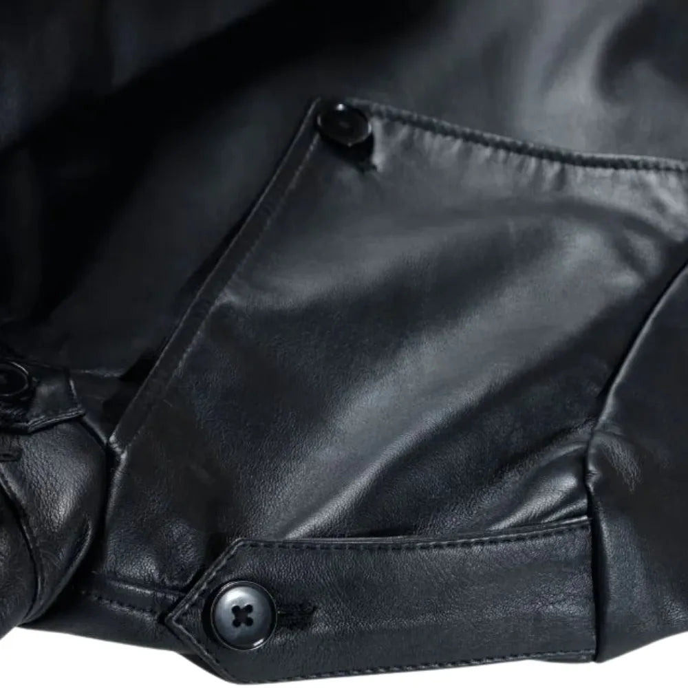 Black Leather Belted and Double Breasted Trench Coat close up waist belt buckle detail
