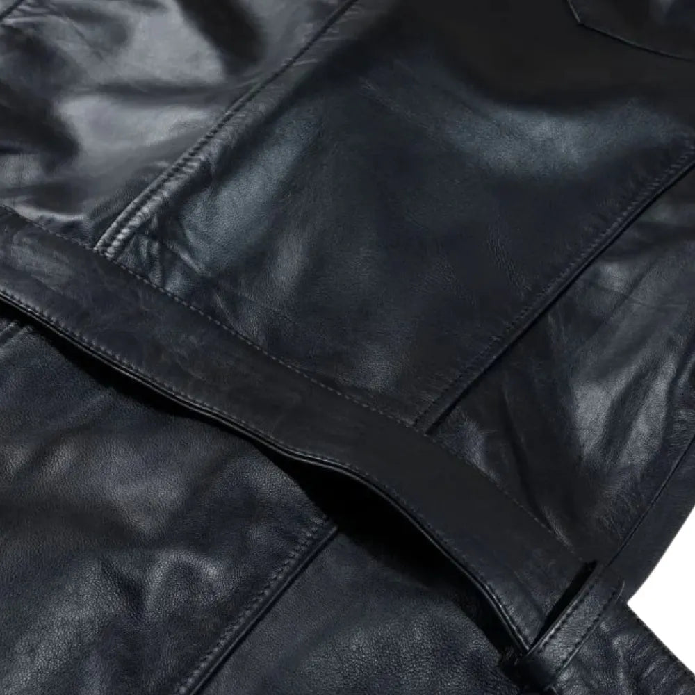 Black Leather Belted and Double Breasted Trench Coat belt strap detail leather coat