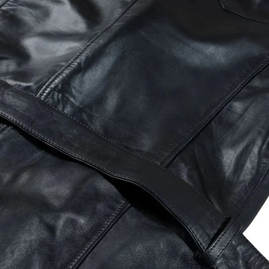 Black Leather Belted and Double Breasted Trench Coat belt strap detail leather coat
