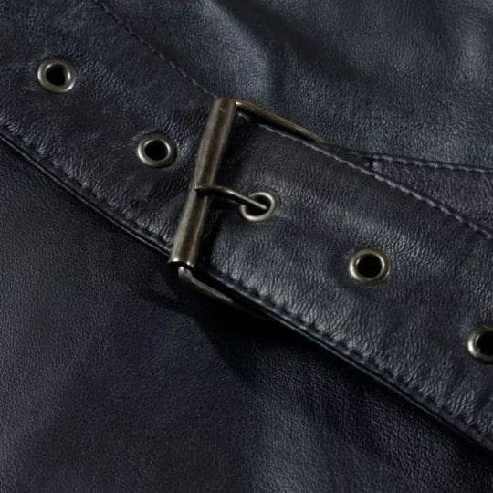 Black Leather Belted and Double Breasted Trench Coat button detail black leather coat