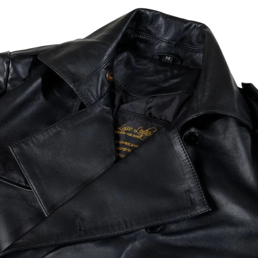 Black Leather Belted and Double Breasted Trench Coat close up wide lapel collar