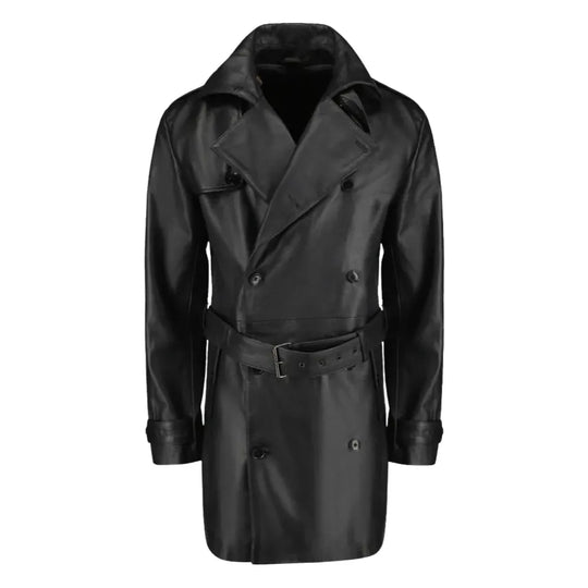 Black Leather Belted and Double Breasted Trench Coat front view black leather trench coat with belt and double breasted design