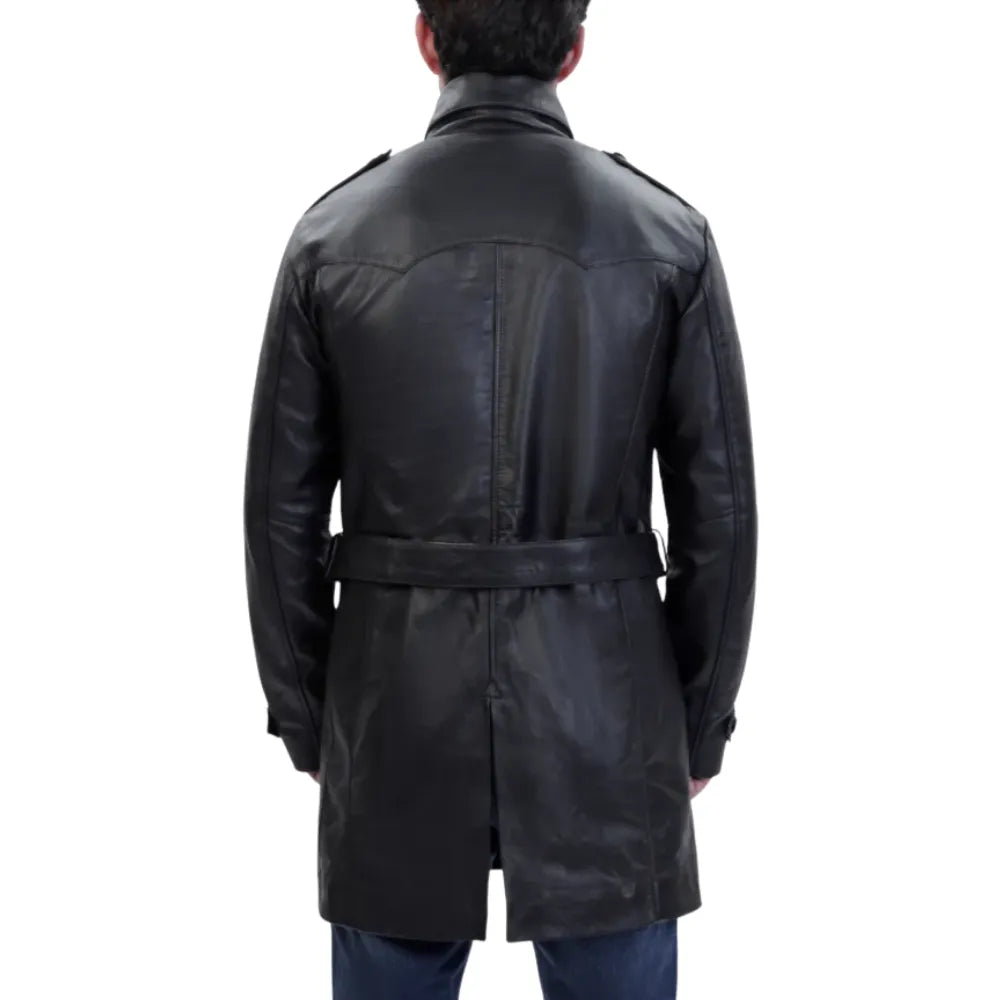 Model wearing Black Leather Belted and Double Breasted Trench Coat back view black leather coat