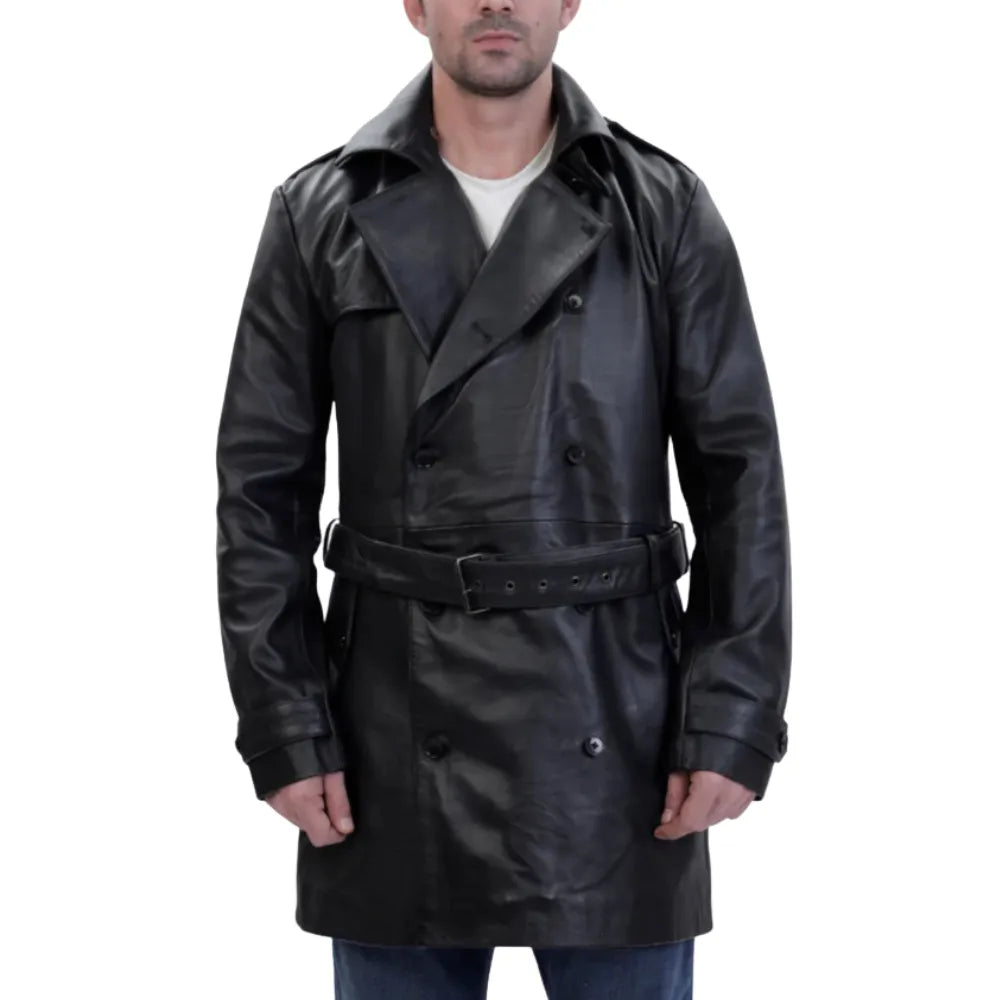 Model wearing Black Leather Belted and Double Breasted Trench Coat long leather coat outfit