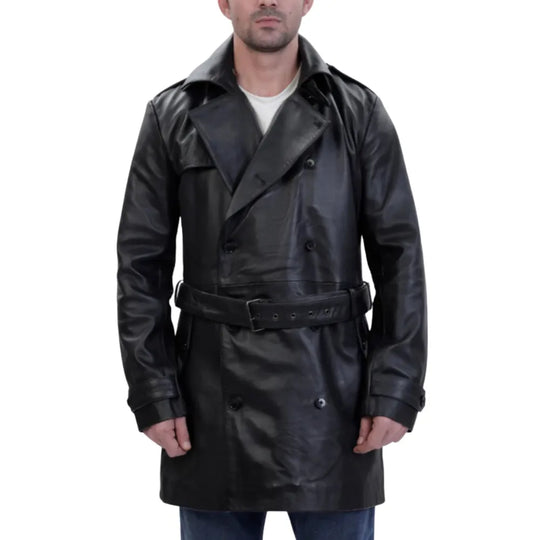 Model wearing Black Leather Belted and Double Breasted Trench Coat long leather coat outfit