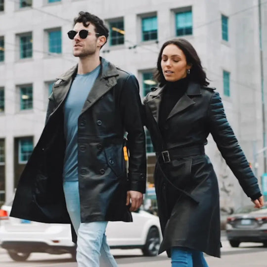 Model styling Black Leather Belted and Double Breasted Trench Coat classic trench coat look
