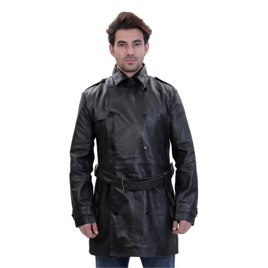 Model wearing Black Leather Belted and Double Breasted Trench Coat black leather trench coat