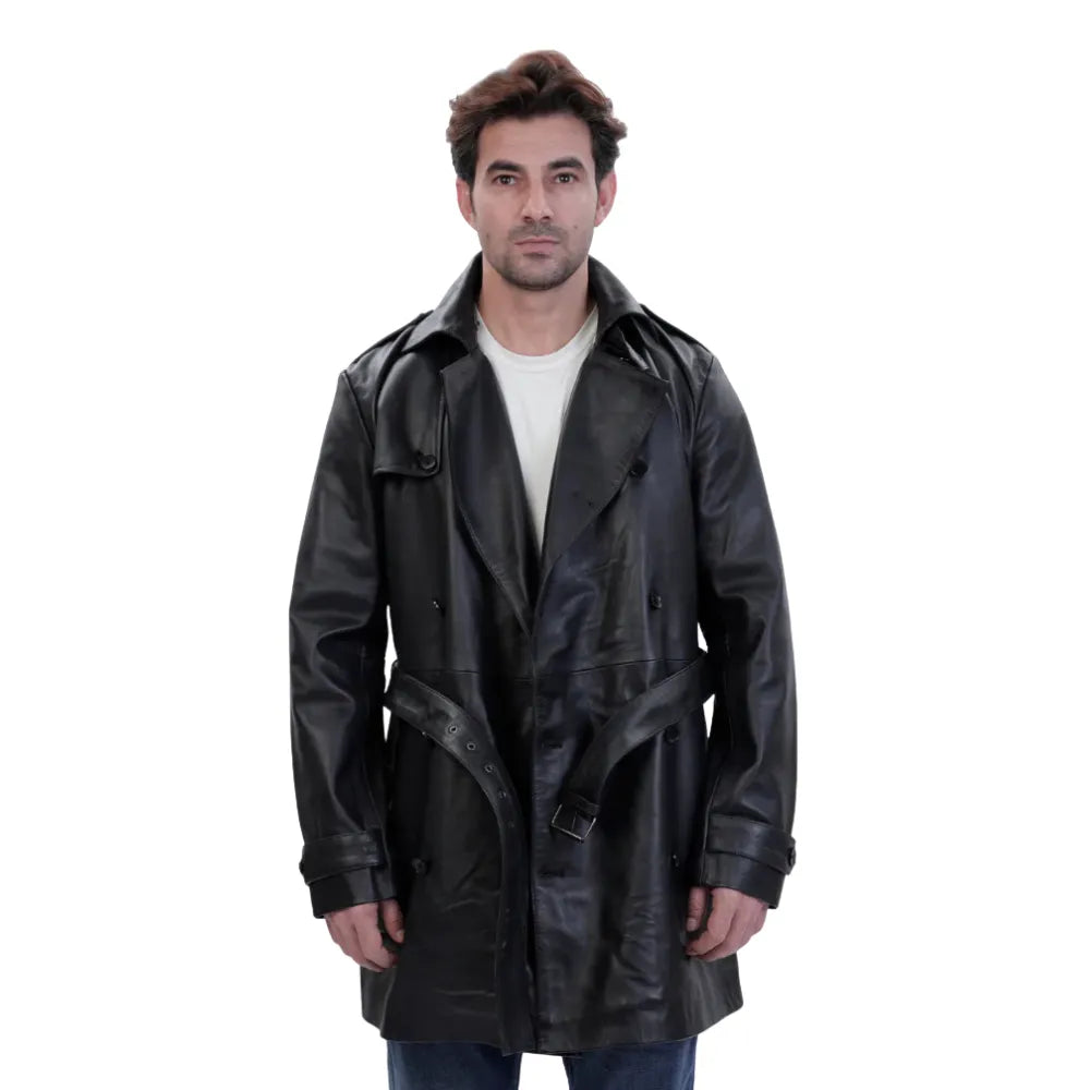 Model wearing Black Leather Belted and Double Breasted Trench Coat front view long black leather coat with belt