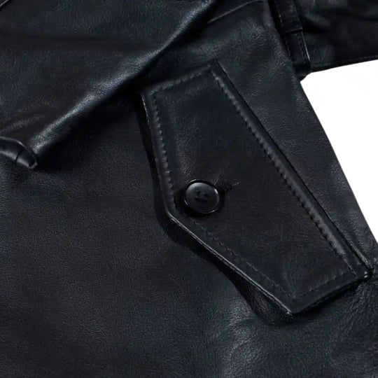 Black Leather Belted and Double Breasted Trench Coat pocket stitching detail leather coat