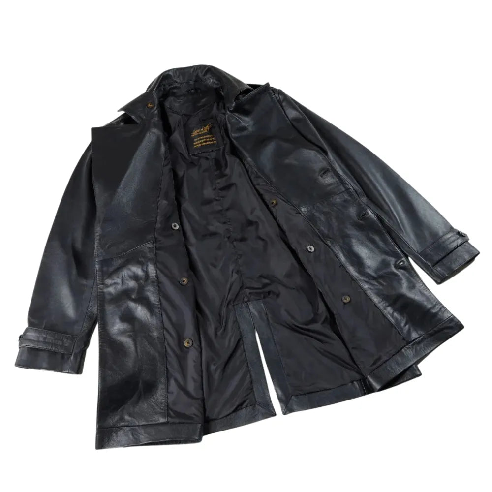 Black Leather Belted and Double Breasted Trench Coat side profile black leather trench coat silhouette