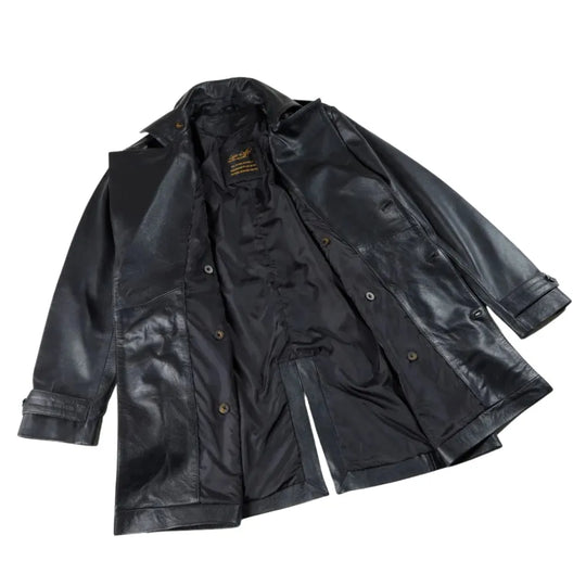 Black Leather Belted and Double Breasted Trench Coat side profile black leather trench coat silhouette