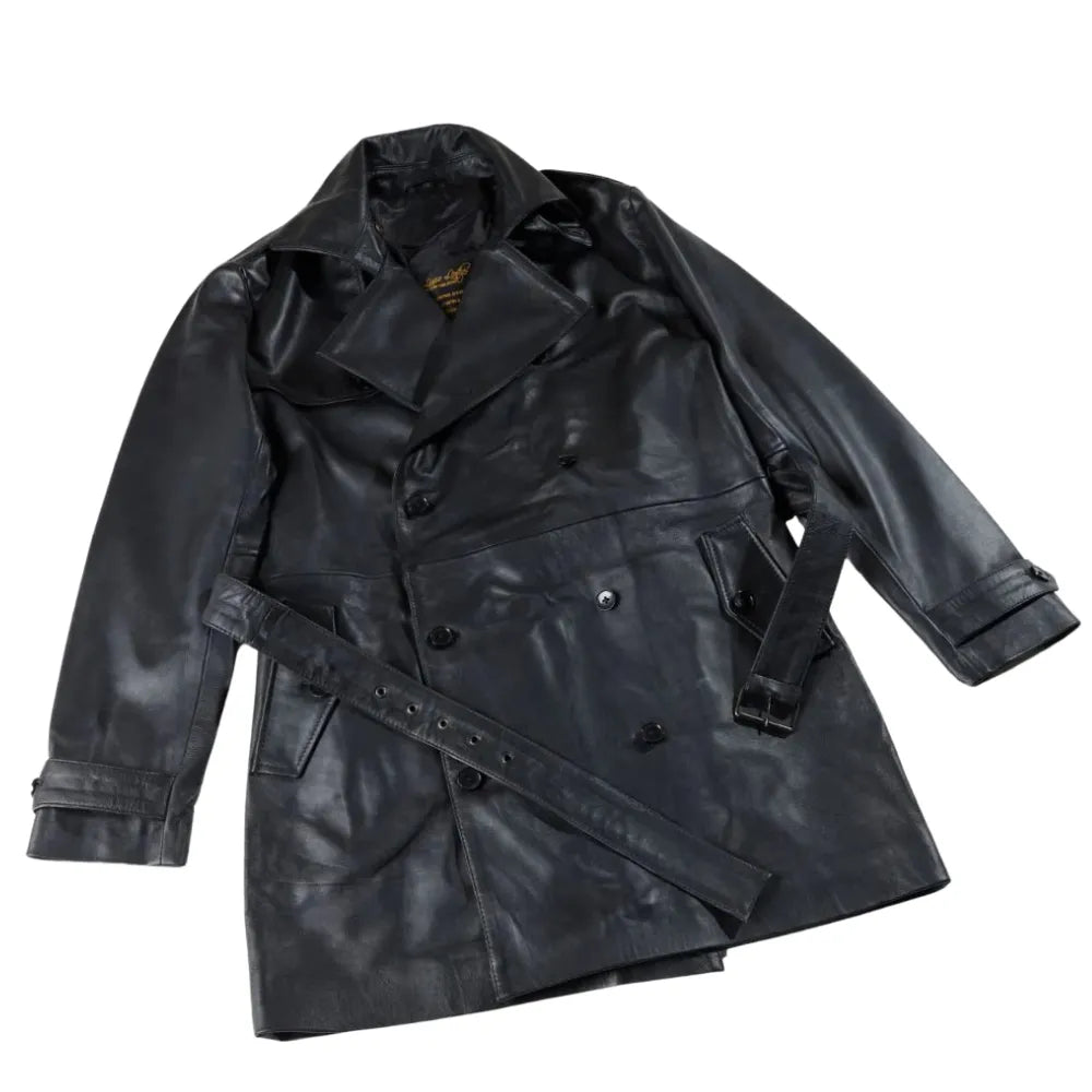 Black Leather Belted and Double Breasted Trench Coat side view long leather coat with belt
