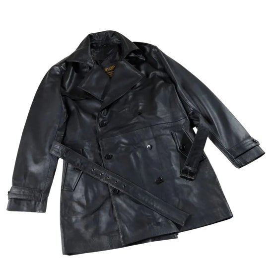 Black Leather Belted and Double Breasted Trench Coat side view long leather coat with belt