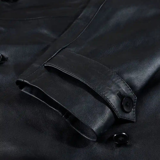 Black Leather Belted and Double Breasted Trench Coat sleeve detail black leather cuff