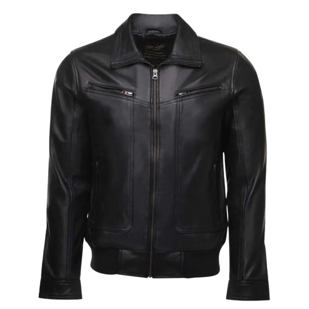 Black Leather Jacket with Collars front view black leather jacket with classic collar design