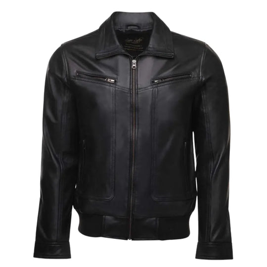 Black Leather Jacket with Collars front view black leather jacket with classic collar design