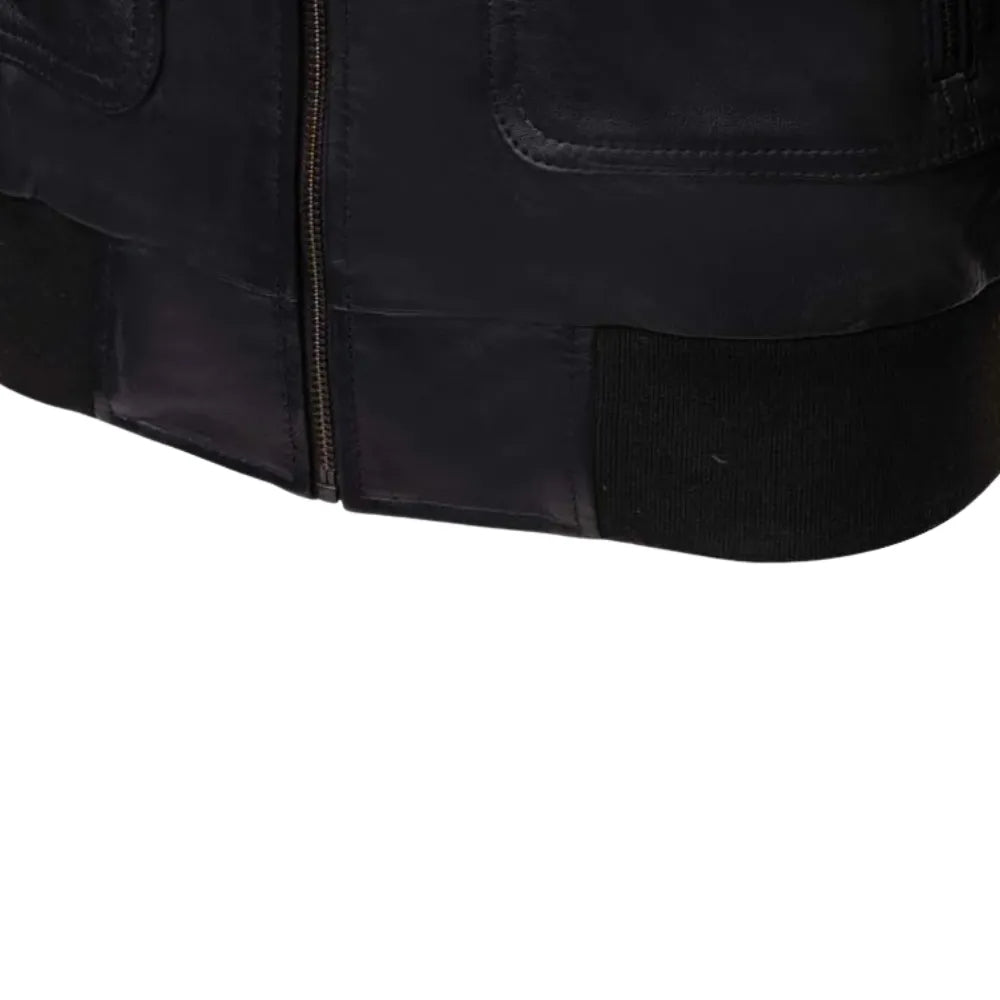 Black Leather Jacket with Collars close up zipper on leather jacket
