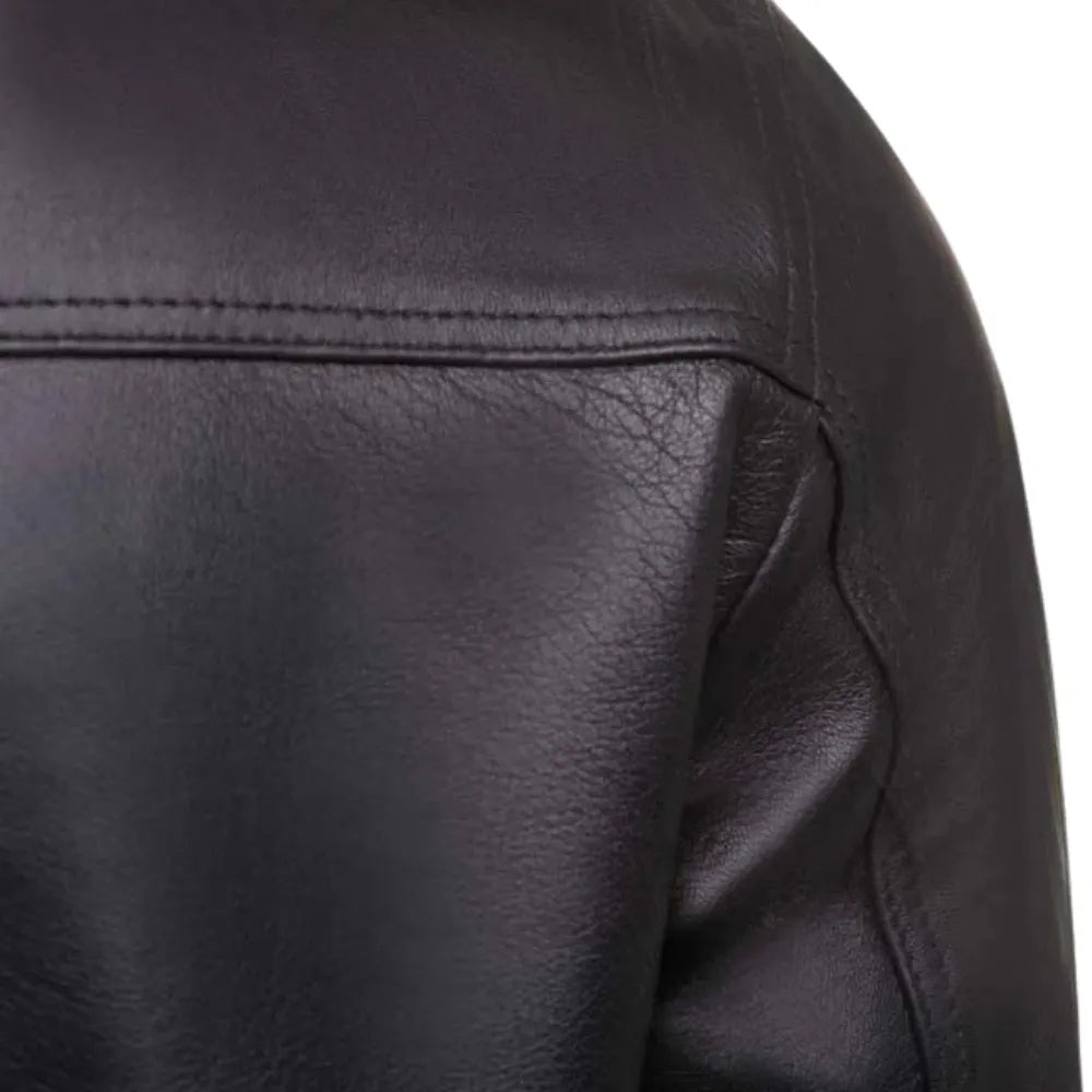 Black Leather Jacket with Straight Ribbed Collar back view black leather jacket